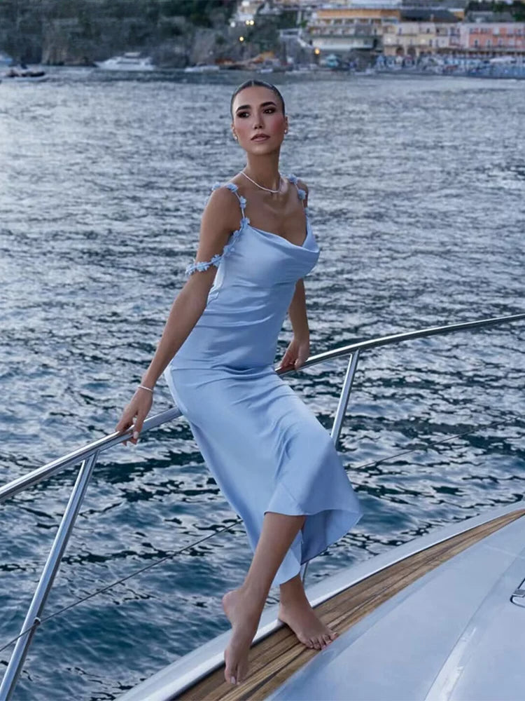 Draped Strap Neck Solid Midi Dress