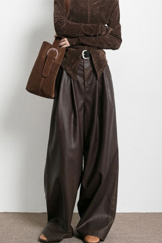 Vintage Brown Fleece Lined PU Pleated Wide Leg Pants Main image
