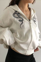 Snake Embroidery Oversized White Zip Hoodie