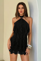 Halter Layered Ruffle Backless Mini Dress