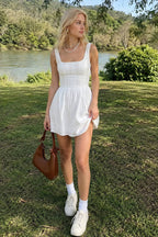 Semi-Sheer Solid Square Neckline Short Dress