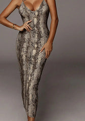 Leopard Snake Print Backless Midi Dress