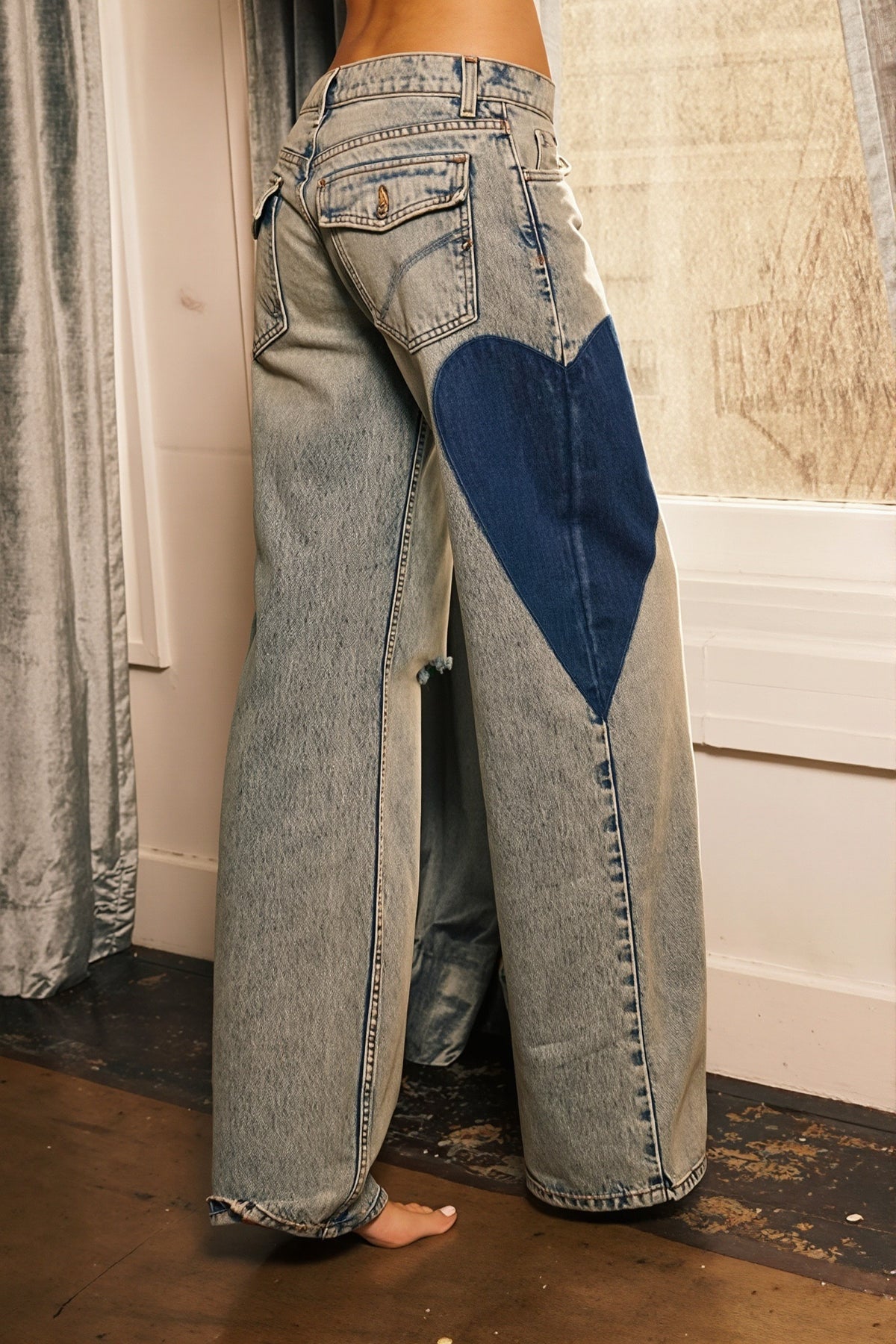Low Rise Heart Patch Straight Leg Jeans