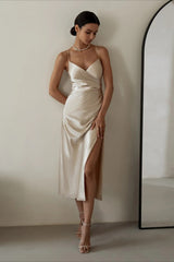 Ruched Satin Bodycon Spaghetti Strap Split V Neck Formal Dress