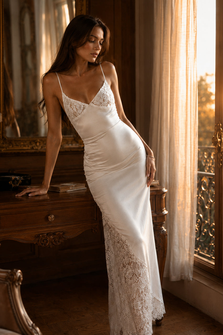 Lace Panel V Neck Cutout Back Tie Evening Slip Dress Main image
