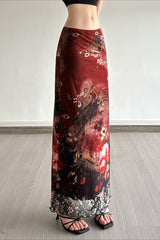 Vintage Art Print Sheer Panel Bodycon Skirt