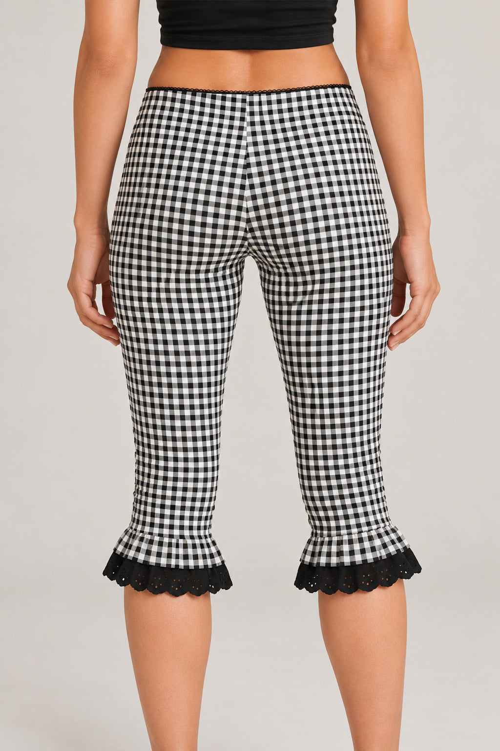 Plaid Lace Ruffle Cropped Skinny Pants