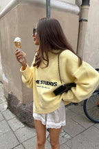 Yellow Letter Graphic Relaxed Crew Neck Sweater
