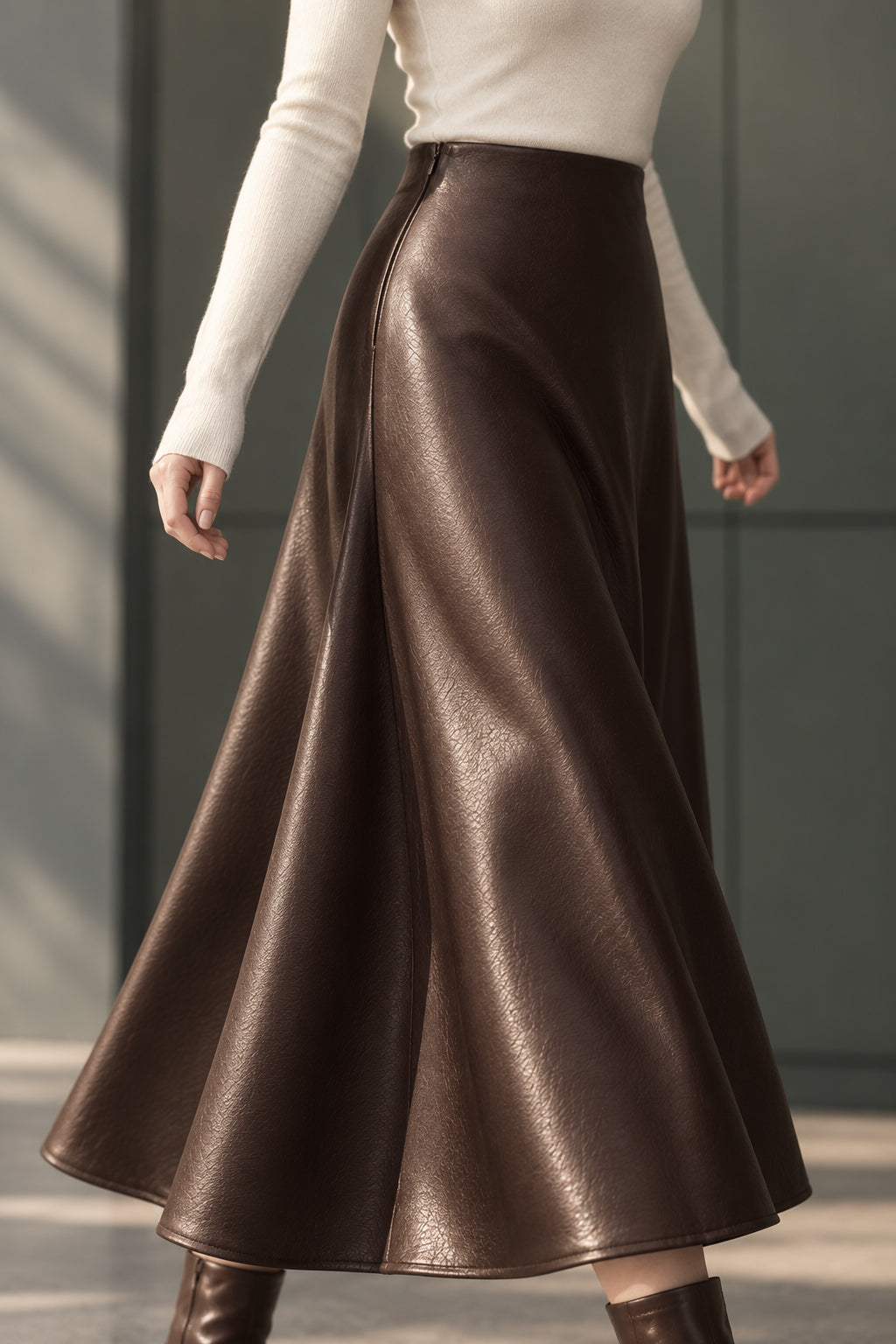 Pleated Faux Graceful Leather Midi Skirt