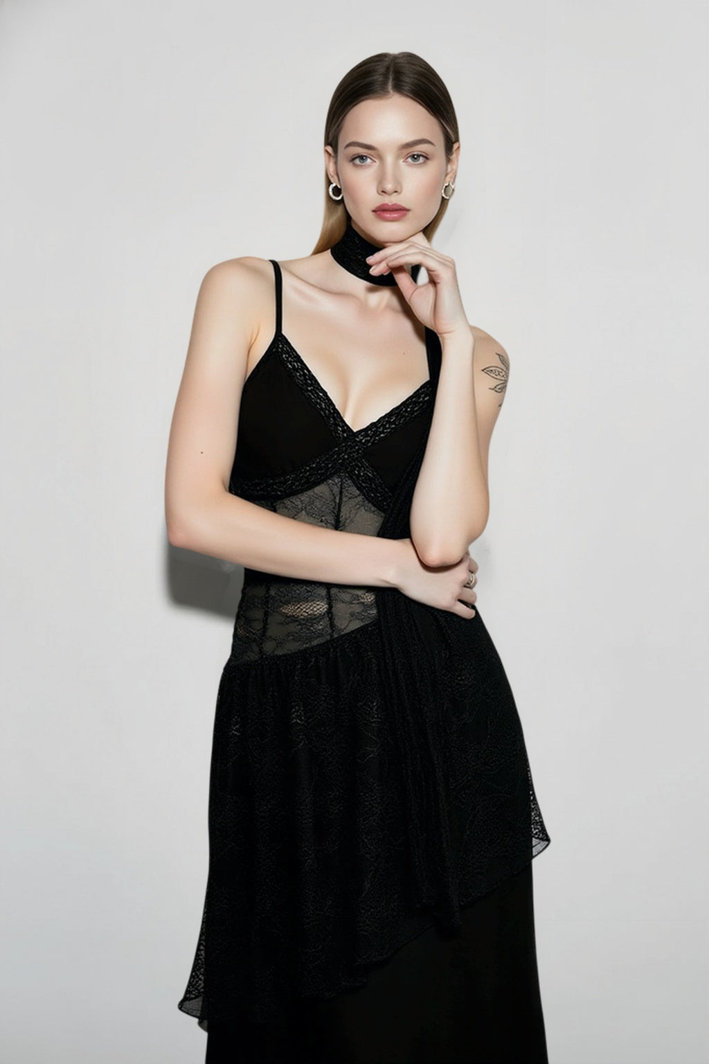 Lace Trim Sheer Waist Tie Cami Maxi Lace Dress