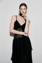 Lace Trim Sheer Waist Tie Cami Maxi Lace Dress