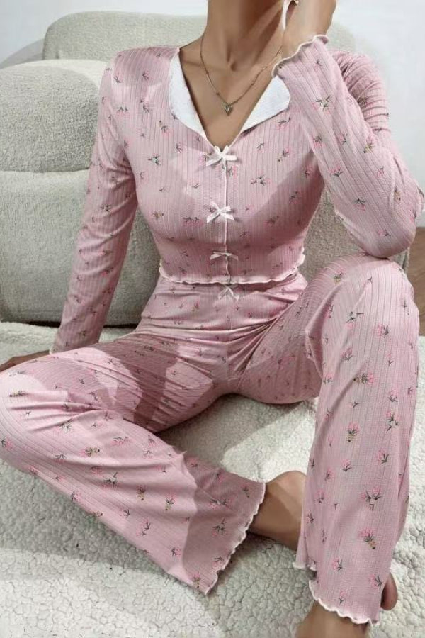 Bow Collar Cuffed Print Pajama Set Secondary image