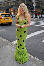 Polka Dot Knit Fringe Hem Maxi Dress