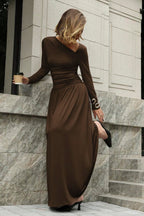 Asymmetric Neck Ruched Waist Flowing Maxi Dress