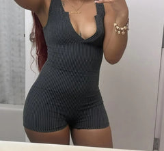 Knitted V-neck Sleeveless Washed Romper