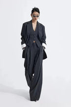 Grey Striped Vest Wide Leg Three Piece Set