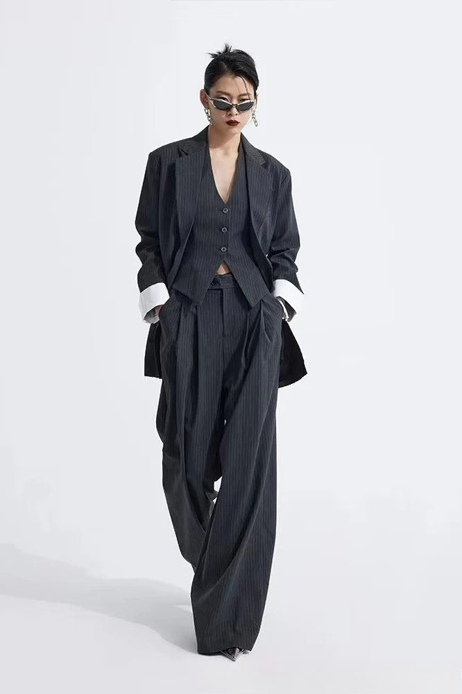 Grey Striped Vest Wide Leg Three Piece Set