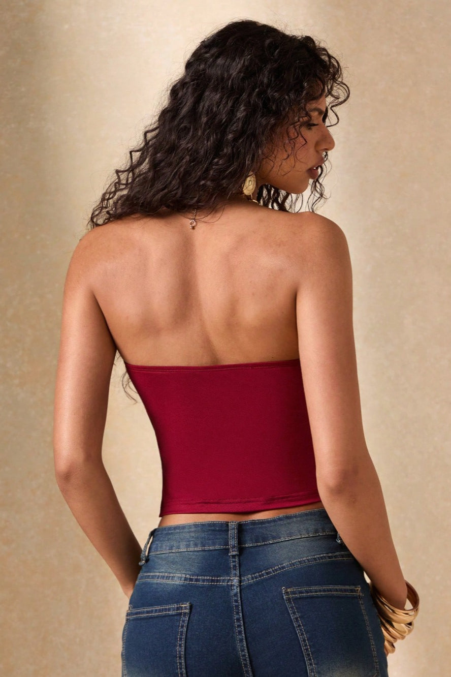 Ruched Stretch Bandeau Fringe Crop Top