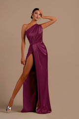 Sexy One Shoulder High Slit Satin Formal Dress