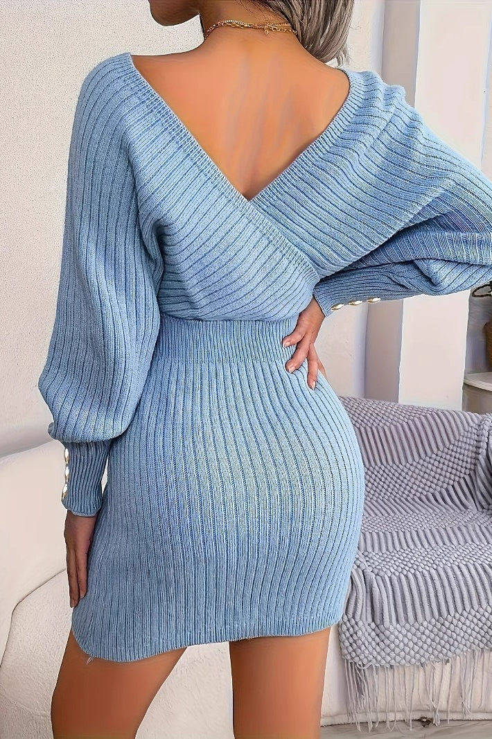 Elegant Cross V Neck Batwing Sleeve Bodycon Sweater Dress Secondary image