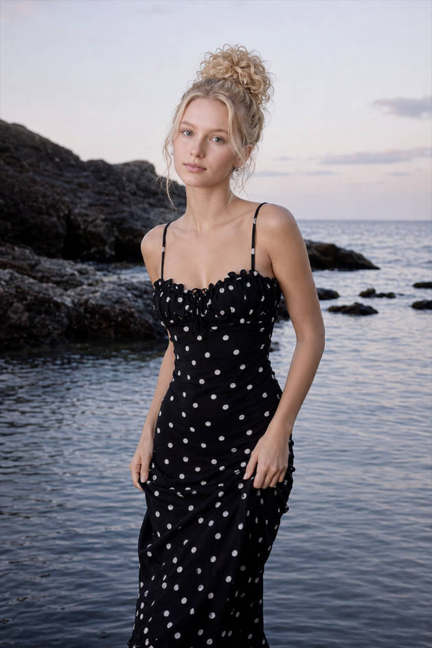 Polka Dot Backless Cami Bodycon Maxi Dress