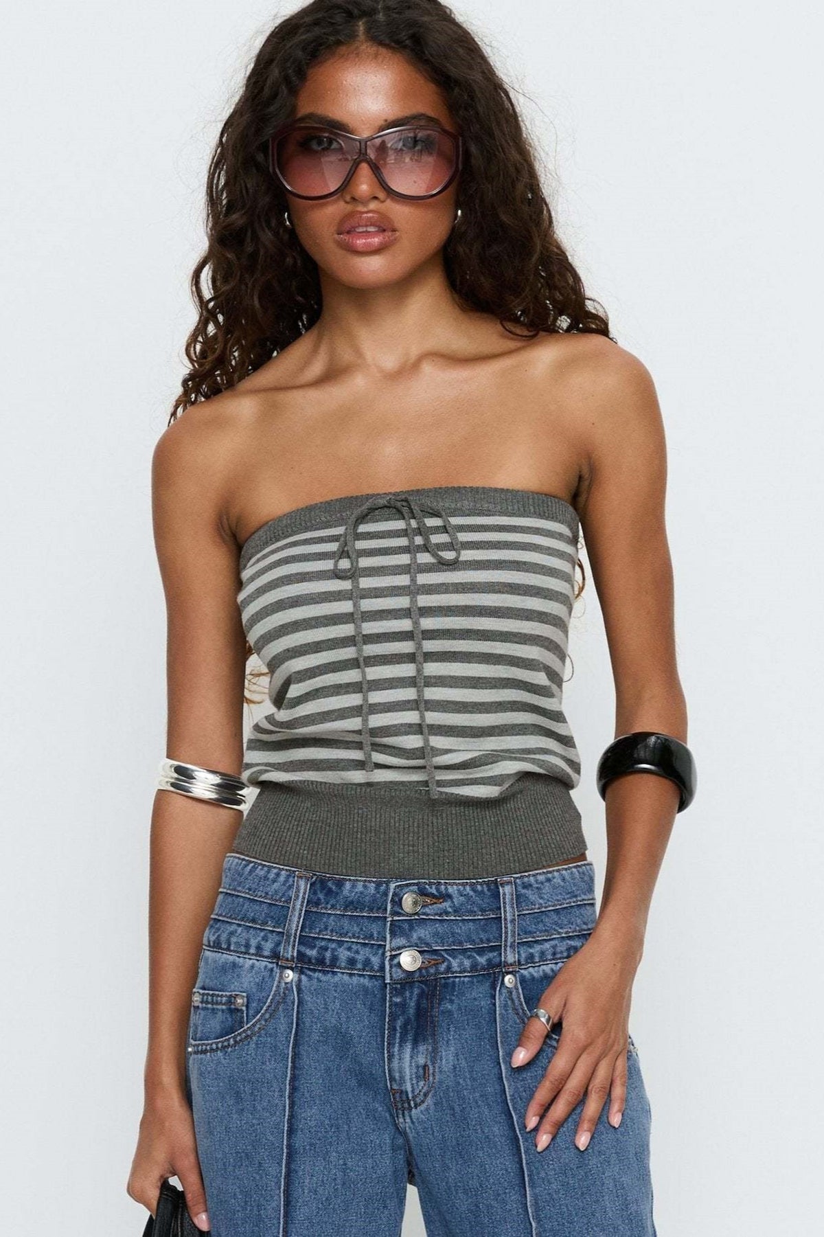 Striped Lace Up Strapless Knit Crop Top