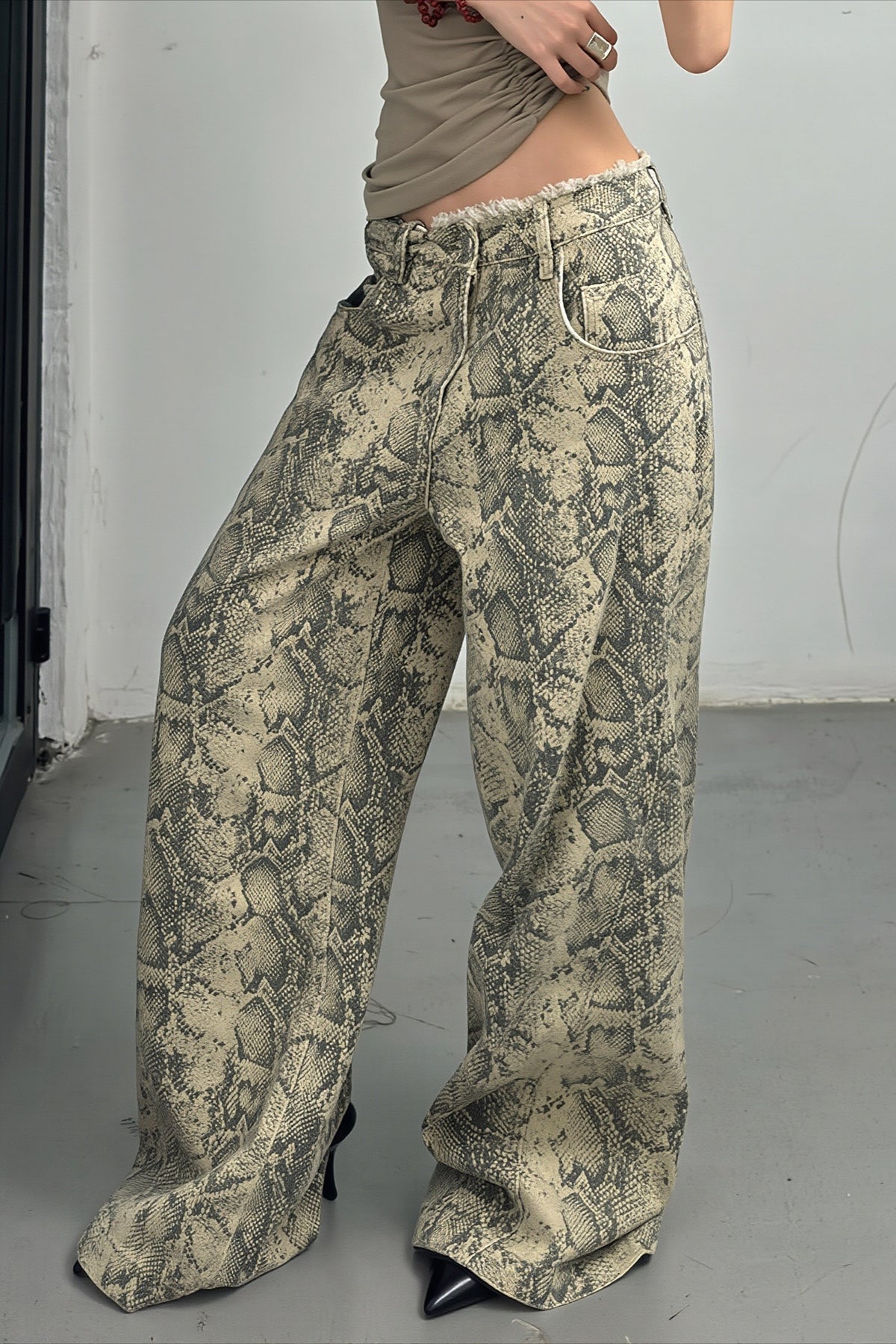 Snakeskin Print Mid Rise Wide Leg Jeans