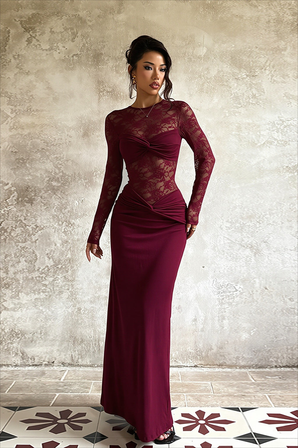 Sheer Lace Twist Front Cutout Maxi Dress