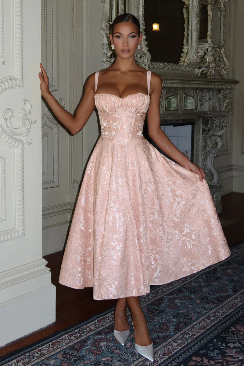 Jacquard Cami Backless Waist Cinched Midi Dress