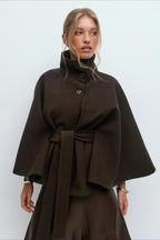 High Neck Button Detail Batwing Sleeve Coat