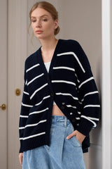 Striped V Neck Cotton Cardigan Sweater
