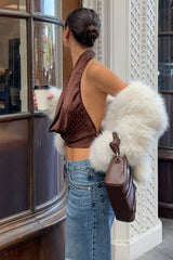 Polka Dot Color Block Backless Halter Crop Top