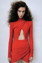 Mock Neck Cutout Ruched Bodycon Mini Party Dress