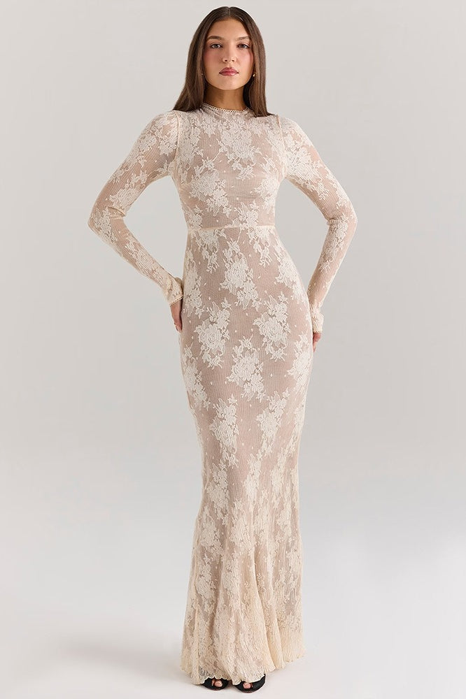 Lace Round Neck Long Sleeve Hollow Slim Lace Dress Secondary image