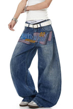Letter Graphic Button Front Wide Leg Jeans