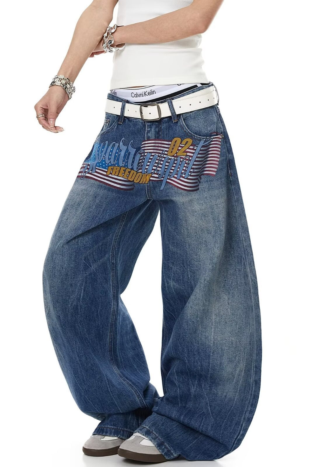 Letter Graphic Button Front Wide Leg Jeans