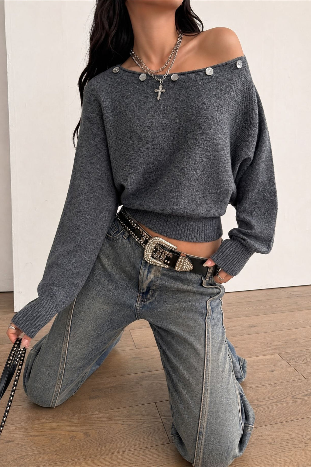 Off Shoulder Button Batwing Knit Top