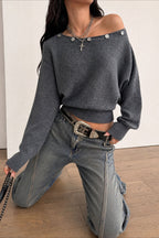 Off Shoulder Button Batwing Knit Top