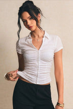 Ruched Button Front Fitted Crop Top