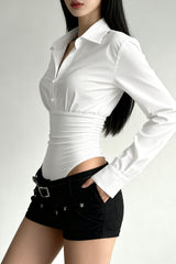 Polo Shirt Paneled Solid Slim Waist Cinching Bodysuit