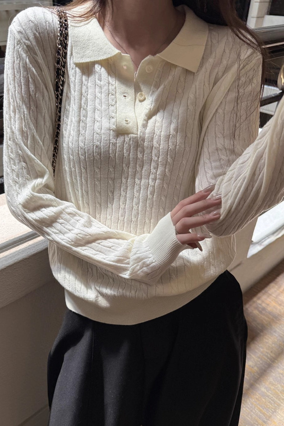 Cable Stitch Collared Knit Top Main image