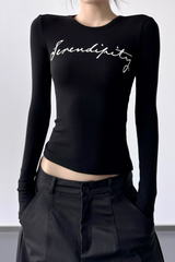 Letter Embroidered Slim Crop Crew Neck Long Sleeve Crop Top