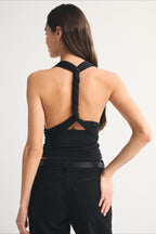Retro Contrast Halter Mesh Panel Crop Top