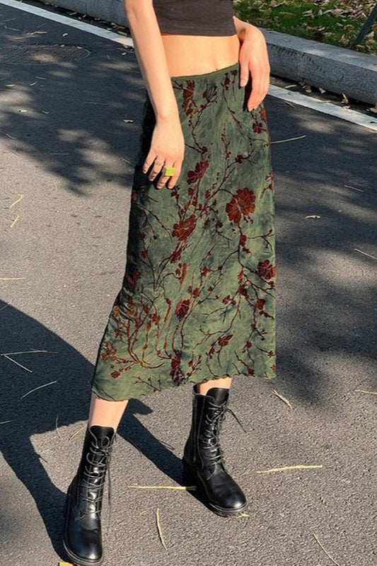 Floral Print Low Waist Color Block A-Line Skirt Main image