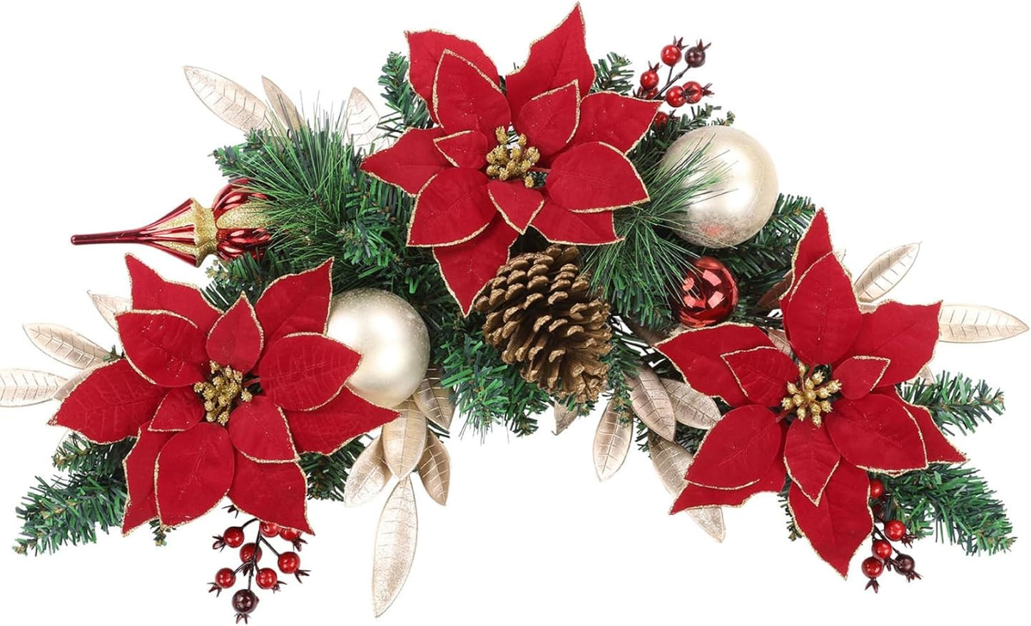 Artificial Red Poinsettia with Pine Cones and Berries - Christmas Swag for Front Door