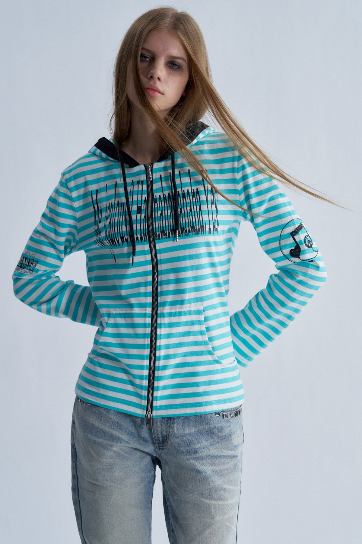 Striped Graphic Fitted Zip Up Hoodie Main image
