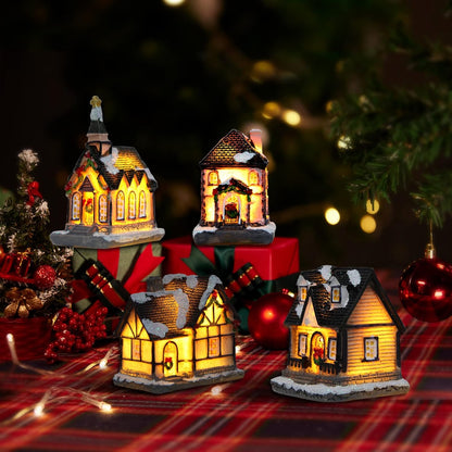 Xmas Lantern Decorative Resin House Figurine Set with LED Light for Kids - Set of 4