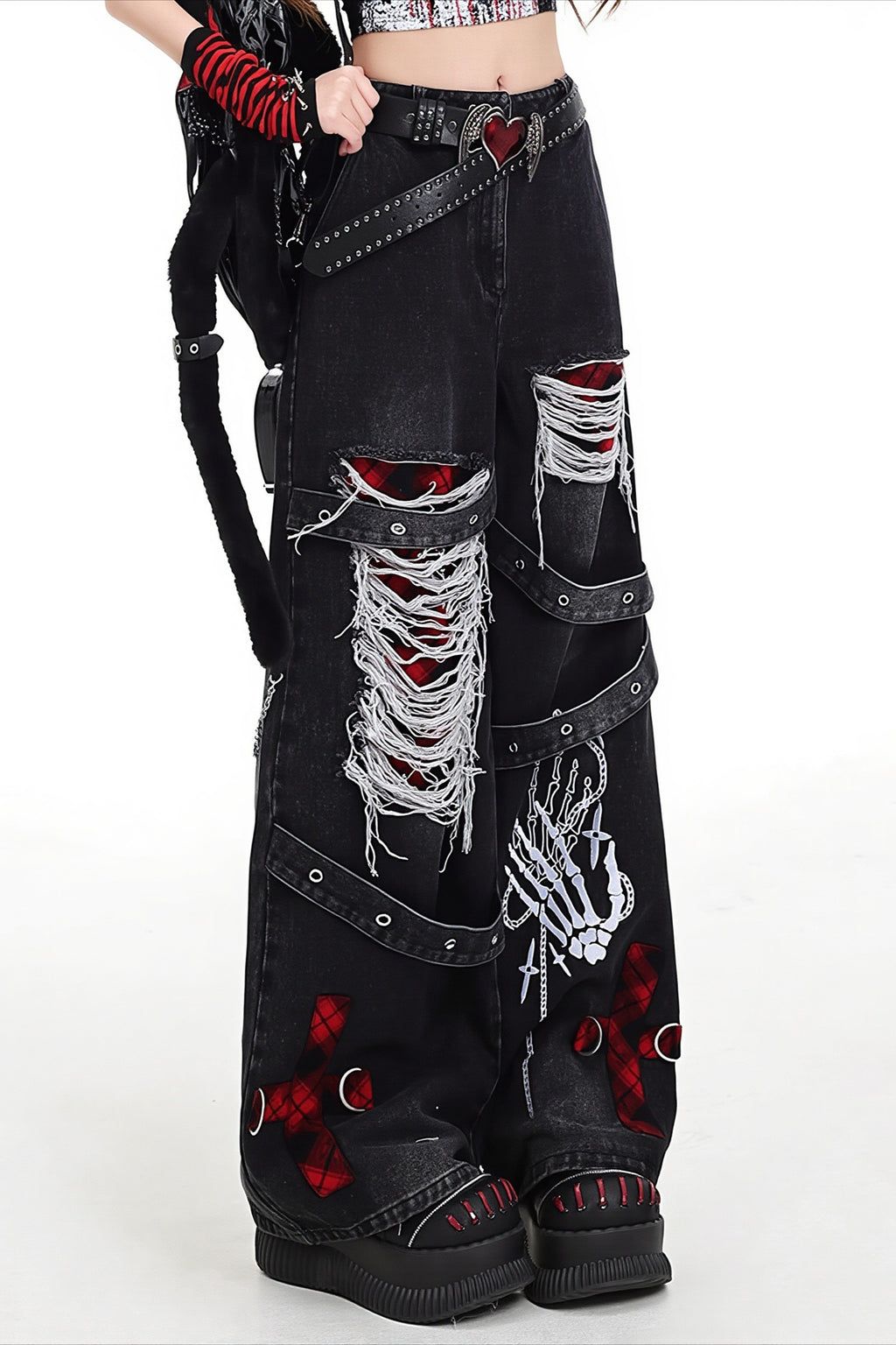 Distressed Patchwork Cargo Wide Leg Jeans