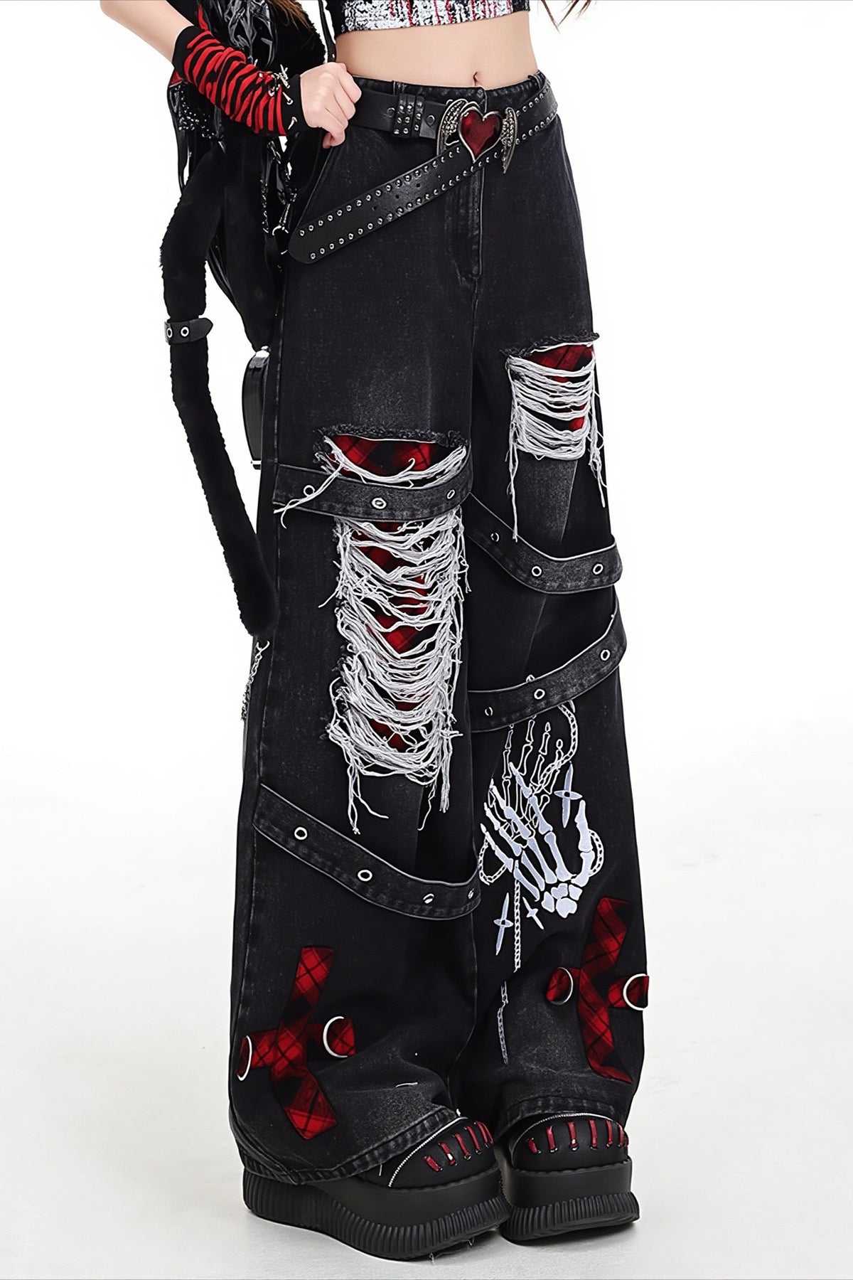 Distressed Patchwork Cargo Wide Leg Jeans