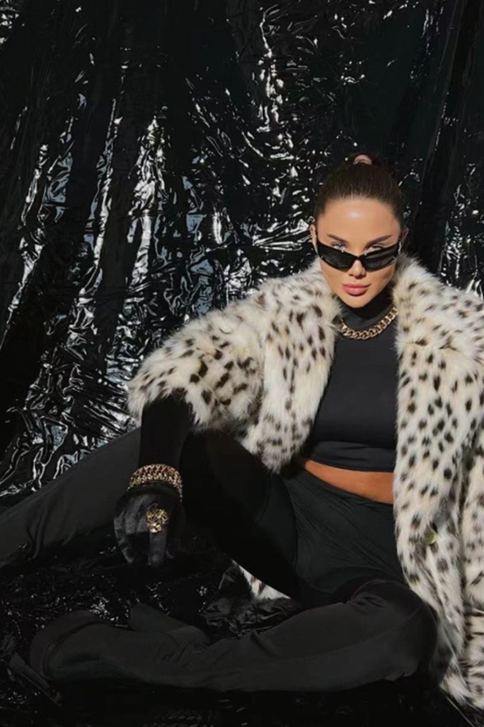 Leopard Faux Fox Fur Notched Lapel Belted Long Overcoat Secondary image